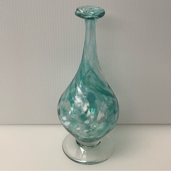LC ROFF Vase Hand Blown Glass Teardrop Signed Swirls 9” Tall Aqua - Picture 8 of 13